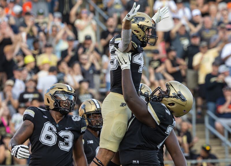Devin Mockobee celebrating with Mahamane Moussa of the Purdue Boilermakers in West Lafayette, Indiana, last year. Photograph: Michael Hickey/Getty Images