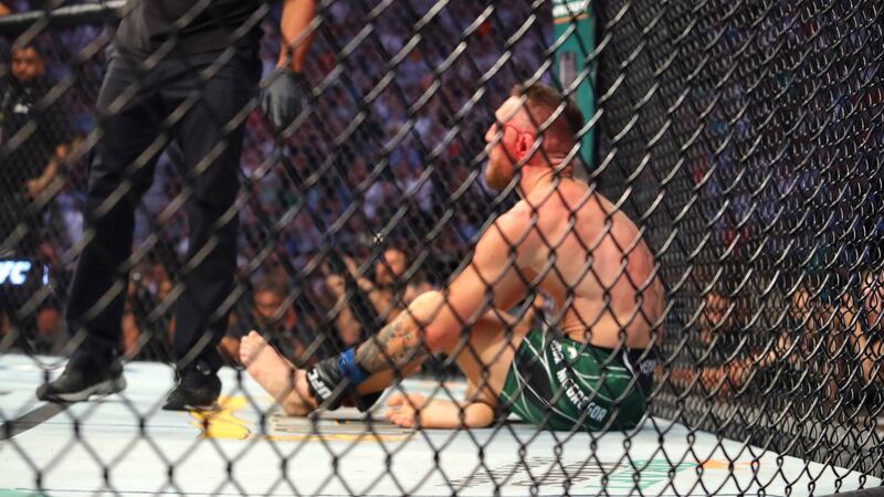 Conor McGregor was stopped with a suspected broken leg in his bout with dustin Poirier in Las Vegas. Photograph: Tom Hogan/Inpho