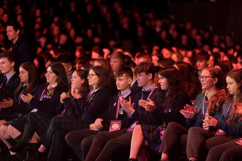 Students listen to President Michael D Higgins's address to the 60th BT Young Scientist & Technology Exhibition. Photograph: Alan Betson

