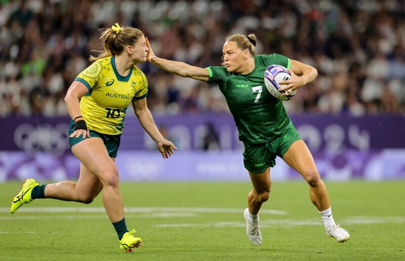 Ireland’s Béibhinn Parsons in action with Isabella Nasser of Australia in the quarter-final of the rugby sevens at the 2024 Olympics in Paris. Photograph: Dan Sheridan/Inpho