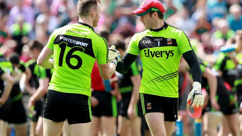 Mayo goalkeepers Robert Hennelly and David Clarke. Photograph: James Crombie/INPHO