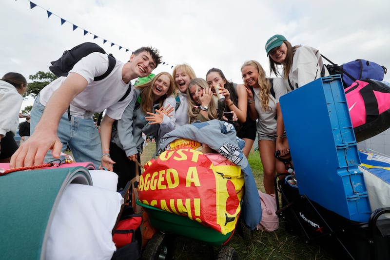 Electric Picnic 2025: Friends and family from Meath and Louth carry their gear into the festival. Photograph: Alan Betson
