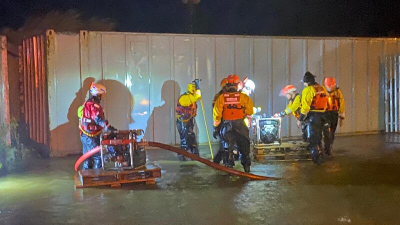 Cork County Fire Service and Civil Defence personnel operating flood pumps in Skibbereen after flooding caused by Storm Ellen overnight. Photograph: Niall Twomey West Cork Civil Defence