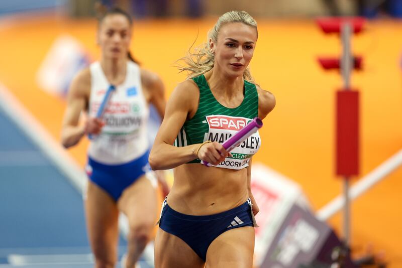 Sharlene Mawdsley during the mixed 4x400m relay final on Thursday. Photograph: Morgan Treacy/Inpho