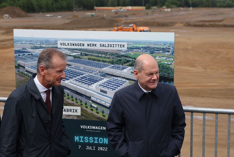 Chief executive of  Volkswagen Herbert Diess and German chancellor Olaf Scholz at construction site for SalzGiga in Salzgitter, July 2022. Photograph: Ronny Hartmann/AFP via Getty