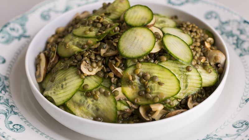 Lentil, cucumber and mushroom salad