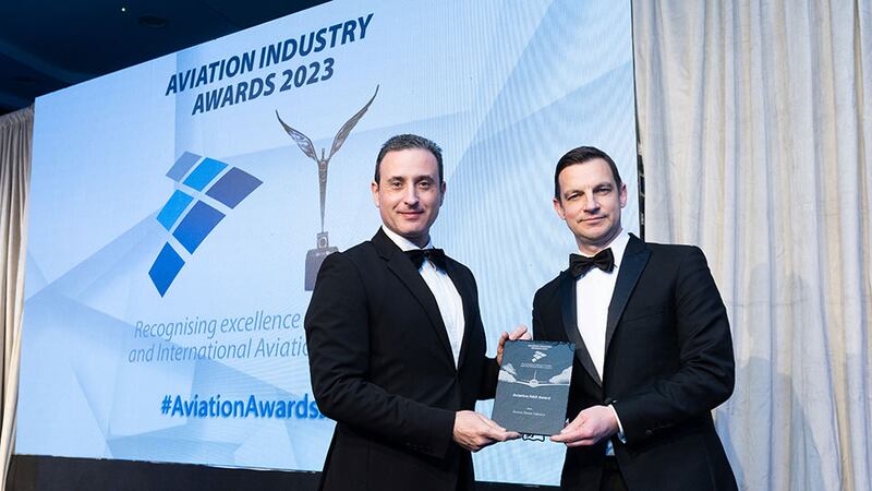 Dr Kyriakos Kourousis, awards judge, presents the aviation R&D award to Alan Hicks, Manna Drone Delivery