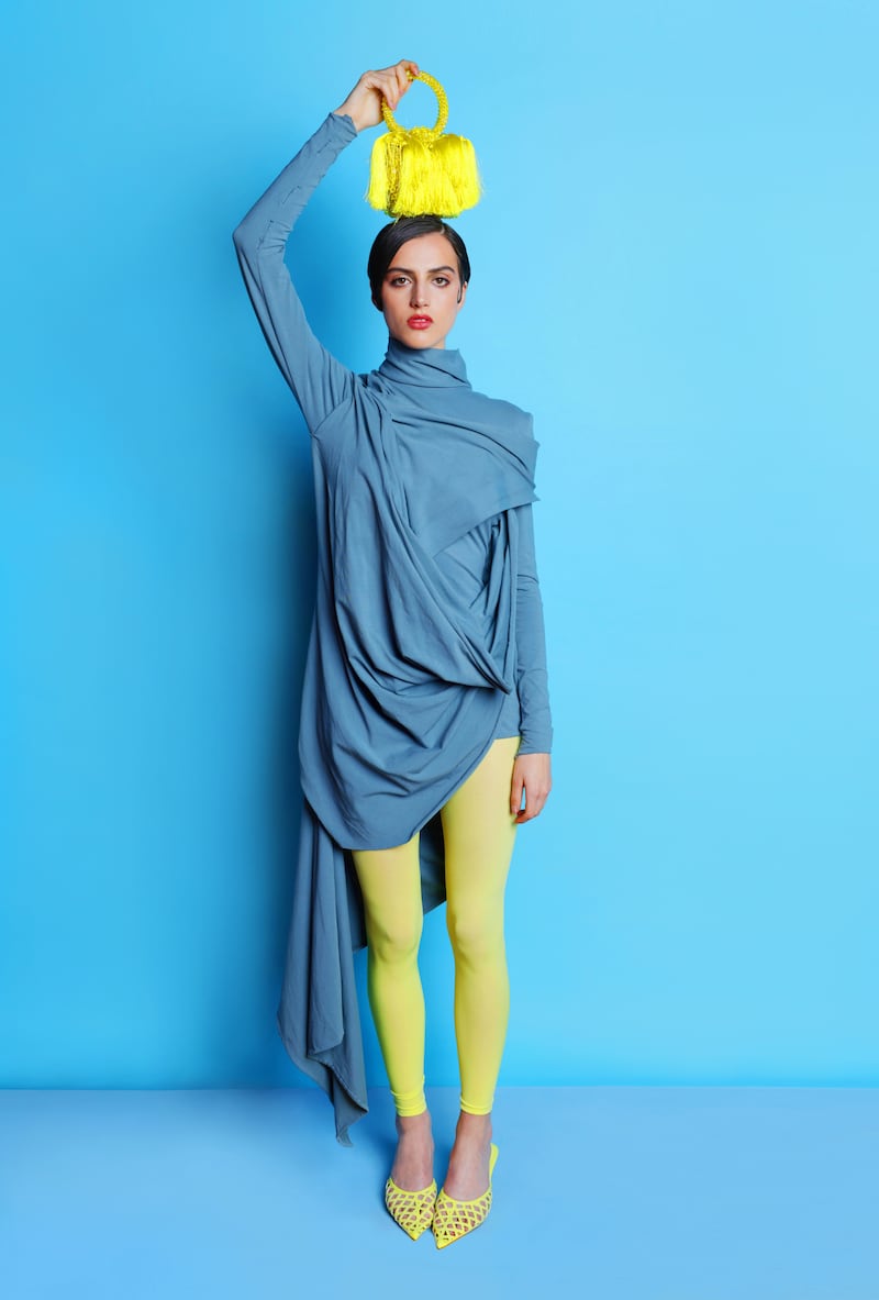 Draped mini dress by Lara Barrett @bylarabarrett; lime tights by Pamela Mann via Tights Dept, @tightsdept; lime heels by River Island; yellow beaded bag by Eela via Zeda the Architect