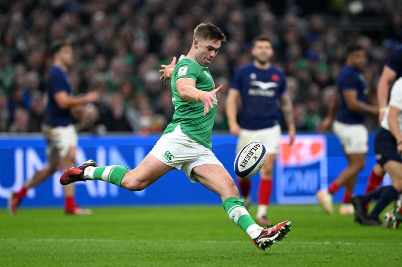 Jack Crowley gets his kick away during the victory over France at the Velodrome in Marseille, France. Photograph: Shaun Botterill/Getty Images