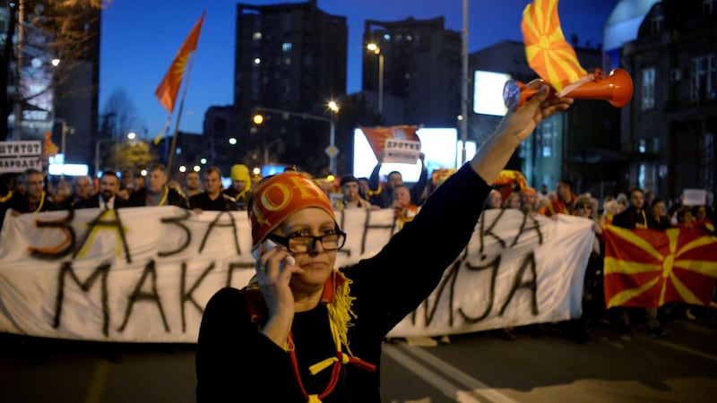 Protesters shout slogans during demonstrations against an agreement that would ensure the wider official use of the Albanian language, in Skopje, Macedonia, on Thursday. Photograph: Reuters