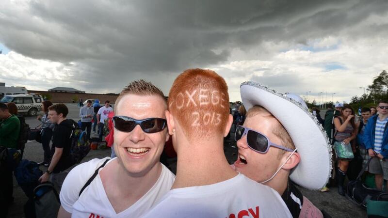 Damien McCarthy, Darragh Gibbs and Jamie Kennedy from Carrick-on-Suir at   Oxegen in Punchestown. Photograph: Alan Betson