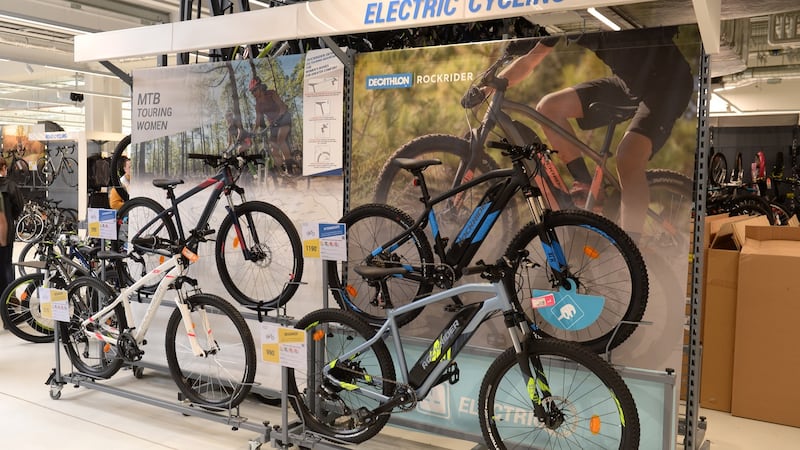 An electric cycling display at Decathlon’s new store. Photograph: Dara Mac Dónaill