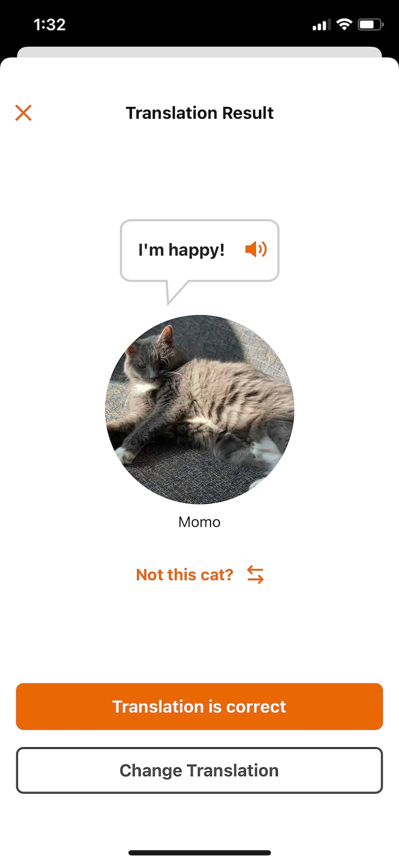 A pet translation by the MeowTalk mobile app. Photograph: MeowTalk via The New York Times