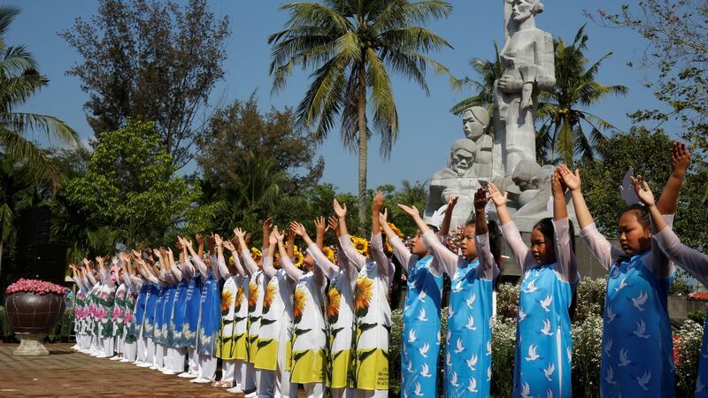 Schoolgirls perform during the 50th anniversary of the My Lai massacre in My Lai village, Vietnam March 16th, 2018. Photograph:  REUTERS/Kham