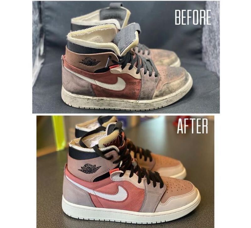 Before and After of a pair of sneakers repaired by Roche