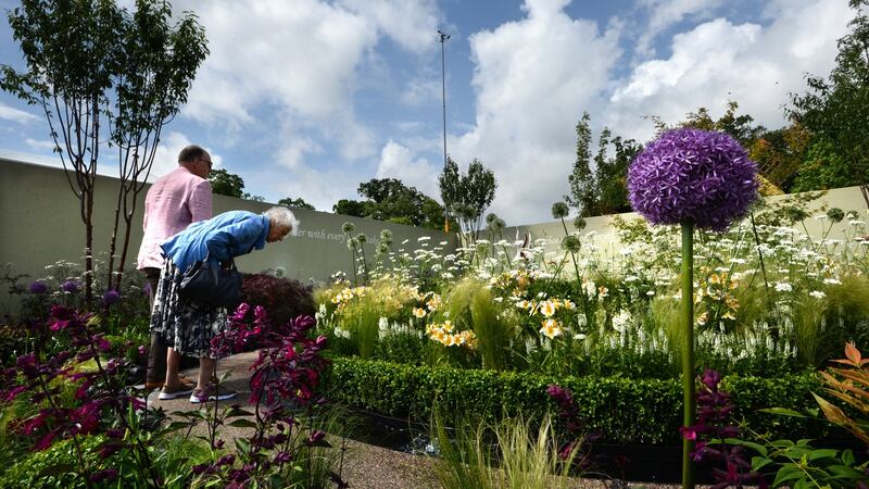 Doreen Thew, from Maynooth, with her son, Peter, enjoy a walk around ‘Garden of Hope’ sponsored by Teagasc at Bloom in the Phoenix Park, Dublin. Photograph: Dara Mac Dónaill / The Irish Times