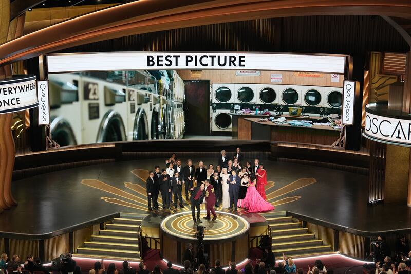 Oscars 2023: Daniel Scheinert speaks after Everything Everywhere All at Once wins best picture. Photograph: Todd Heisler/New York Times