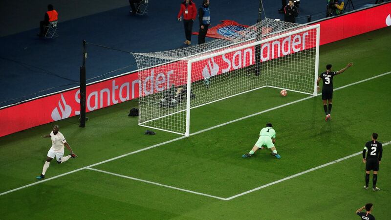 Romelu Lukaku celebrates scoring his and Manchester United’s  second goal past Paris St Germain goalkeeper Gianluigi Buffon during the  Champions League round of 16 second Leg at Parc des Princes. Photograph: Benoit Tessier/Reuters