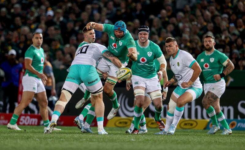 Ireland's Tadhg Beirne is tackled by South Africa's RG Snyman in last Saturday's first Test. Photograph: Dan Sheridan/Inpho