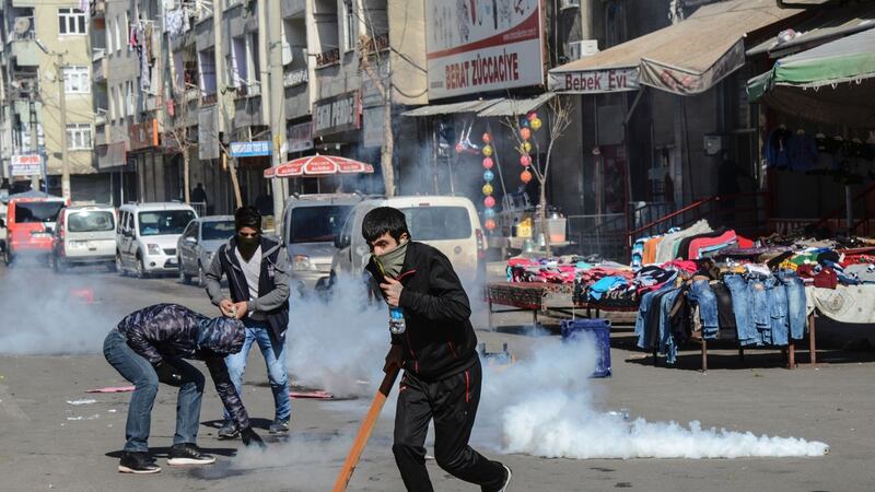 Protesters clash with Turkish police in Diyarkabir during a demonstration on February 15th against government-imposed curfews. Photograph: Ilyas Akengin/AFP/Getty Images