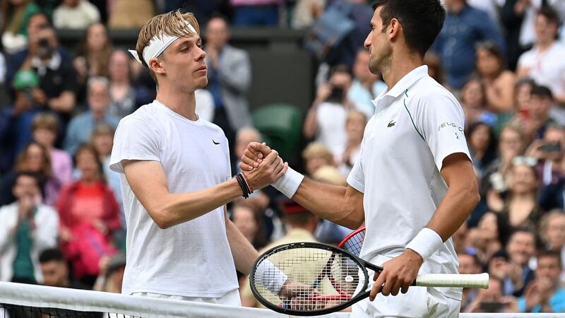 Serbia’s Novak Djokovic greets Canada’s Denis Shapovalov after his semi-final win. Photograph: Glyn Kirk/Getty/AFP