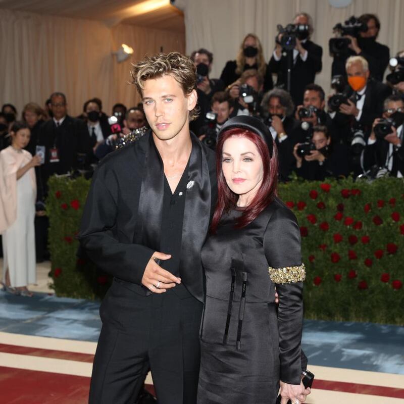 Austin Butler, star of an upcoming biopic about Elvis Presley,  and Priscilla Presley. Photograph: Krista Schlueter/The New York Times