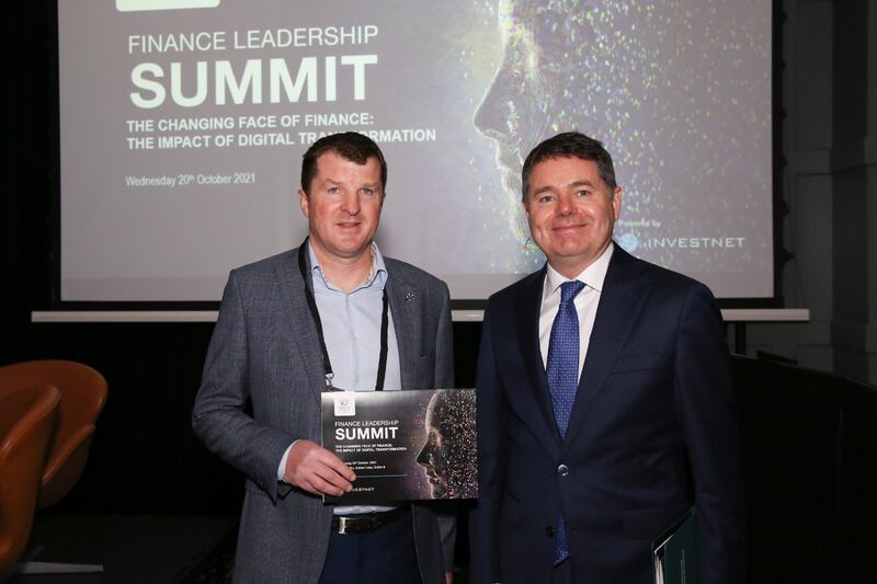 David Neville of Investnet and Minister for Finance Paschal Donohoe at the 2021 Finance Leadership Summit