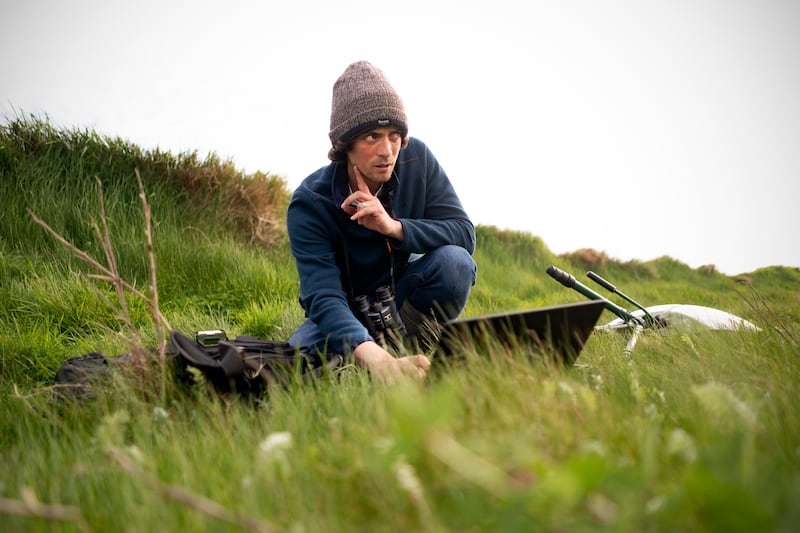 Seán Ronayne in the marshes at the Tacumshin Lake Special Area of Conservation in Wexford, retrieving his remote recorder hidden nearby.