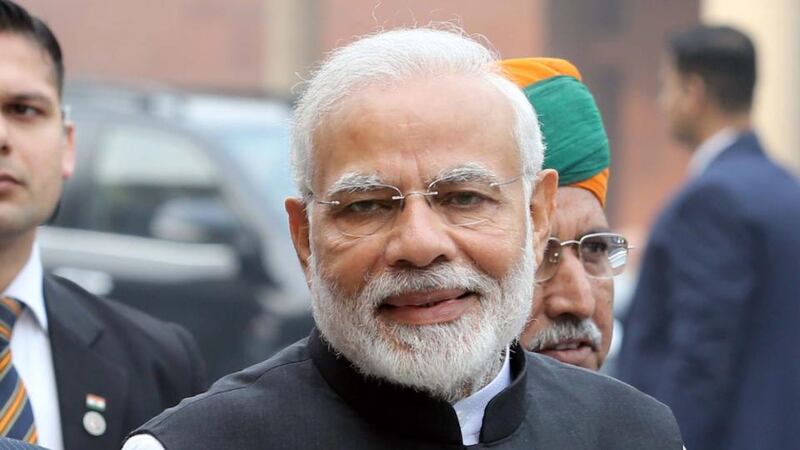 Indian prime minister Narendra Modi addresses the media as he arrives at parliament, in New Delhi, India. Photograph: EPA