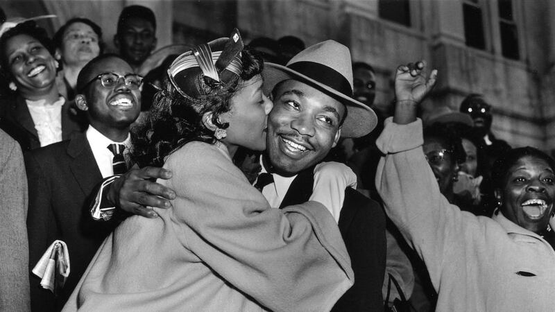 Martin Luther King jnr is welcomed with a kiss by his wife Coretta after leaving court in Montgomery, Alabama, in  March  1956. Photograph: AP Photo/Gene Herrick