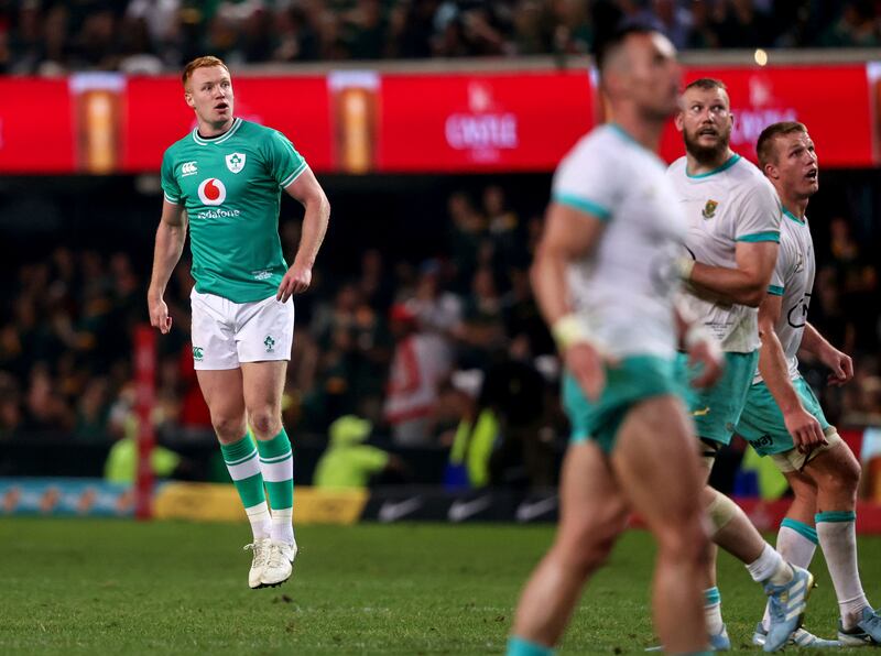 Ireland's Ciaran Frawley watches his winning drop-goal against South Africa at Hollywoodbets Kings Park, Durban. Photograph: Dan Sheridan/Inpho
