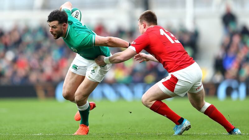 Robbie Henshaw  is tackled by Nick Tompkins. Photograph: Warren Little/Getty Images