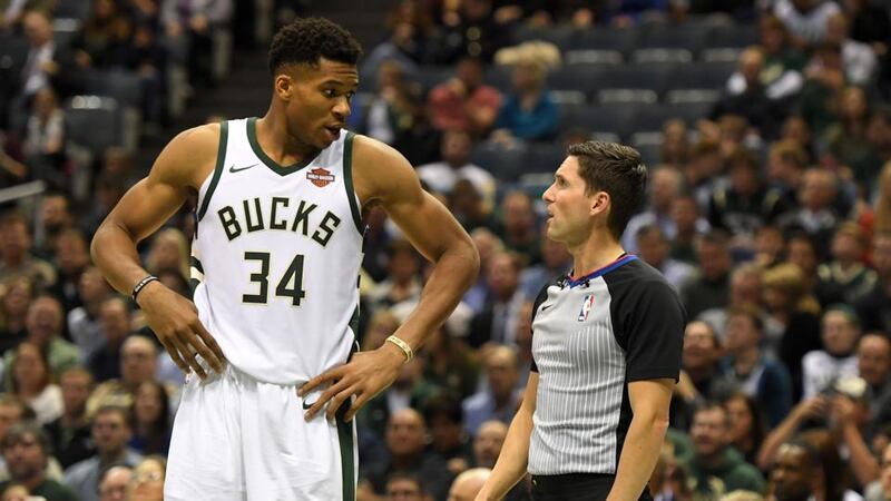 Giannis Antetokounmpo of the Milwaukee Bucks speaking with the referee  during the second half of a game at the  Bradley Center  in Milwaukee.  Photograph: Stacy Revere/Getty Images