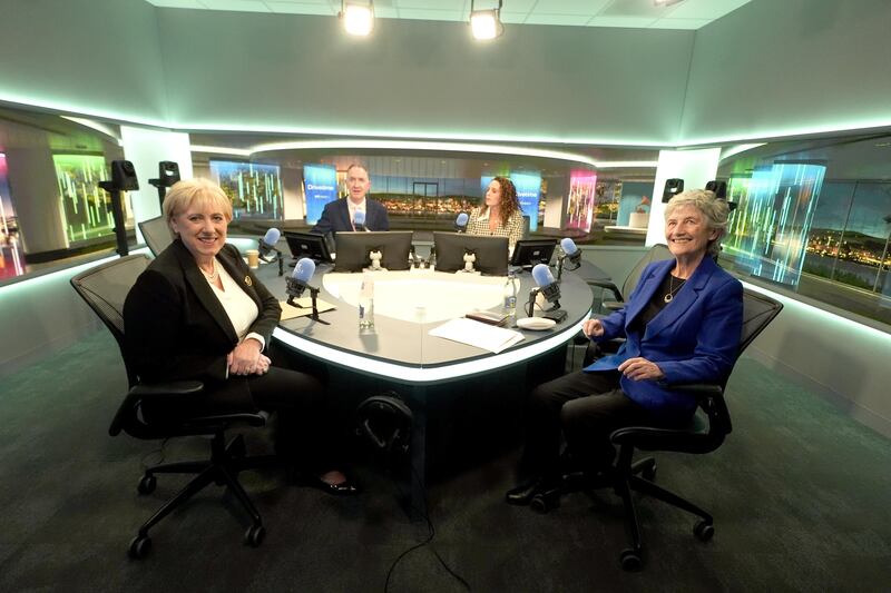 Fine Gael presidential candidate Heather Humphreys and Independent presidential candidate Catherine Connolly, ahead of the RTE Drivetime debate in Dublin. Photograph: Brian Lawless/ PA Wire