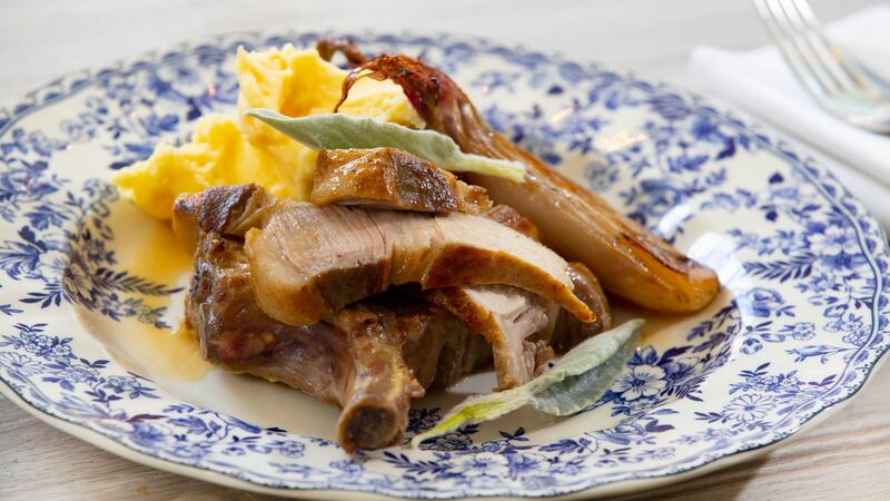 Pork rack chops, sticky shallots, sage and cheddar mash. Photograph: Patrick Browne