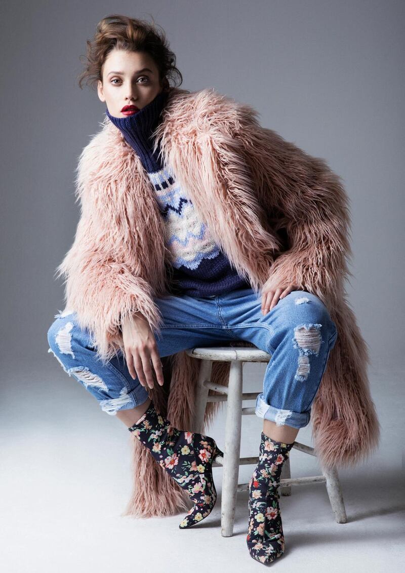 Faux fur coat €45, Fairisle jumper €18 from Penneys.