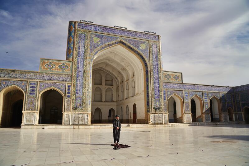 A man prays at the Blue Mosque in Herat, the city which the Taliban hopes will secure world heritage status from the UN. Photograph: Hannah McCarthy