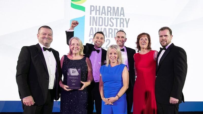 Gerard Sproule, Director, Lotus Works, presents the Pharma Facility of the Year award to the MSD Ireland team.