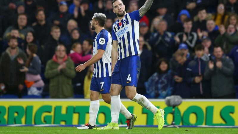 Shane Duffy celebrates his goal for Brighton and Hove Albion against Norwich City. Photograph: Steve Bardens/Getty Images