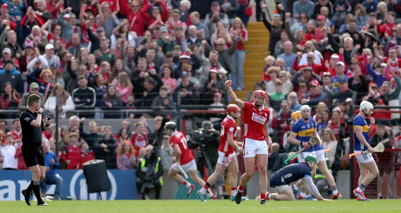 Cork’s Brian Hayes celebrates after Darragh Fitzgibbon scored his side's second goal
during the league final at SuperValu Páirc Uí Chaoimh. Photograph: James Crombie/Inpho 