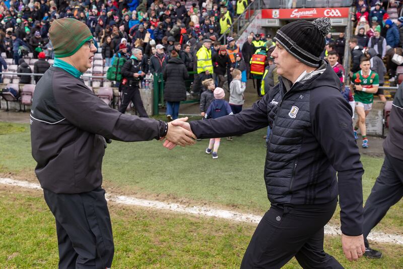 Mayo manager Kevin McStay with Galway manager Pádraic Joyce after the game at Pearse Stadium. Photograph: Morgan Treacy/Inpho 
