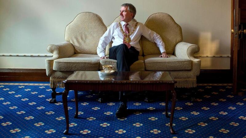 Máirtín Ó Muilleoir, the outgoing Lord Mayor of Belfast, in Belfast City Hall.  Photograph: Aidan O’Reilly/Pacemaker