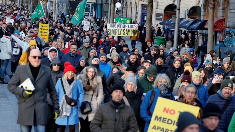 Several protesters mentioned their objections to a suggestion that children over nine would wear masks in school.  Photograph: Alan Betson/The Irish Times