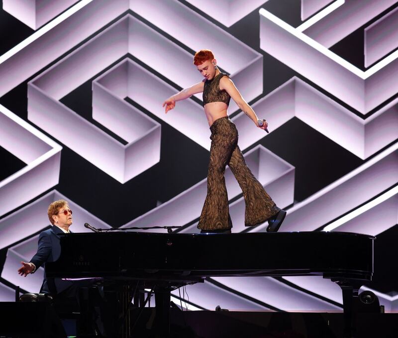 Elton John and Olly Alexander perform at this year’s Brit Awards. Photograph: JMEnternational/Getty