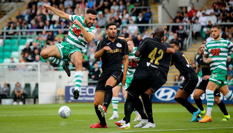Shamrock Rovers’ Roberto Lopes in action against Gonzalo Llerna of Hibernians during the game in Tallaght. Photograph: Ryan Byrne/Inpho