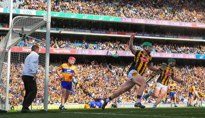 Martin Keoghan is jubilant after scoring Kilkenny's goal against Clare. Photograph: Ryan Byrne/INPHO