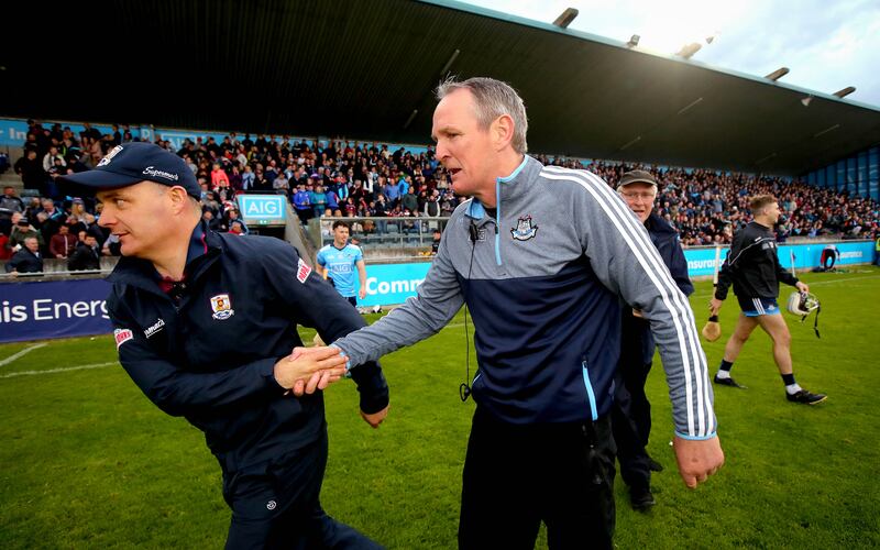 Michael Donoghue shakes hands with Dublin's Mattie Kenny after a costly defeat in 2019. Photograph: Ryan Byrne/Inpho
