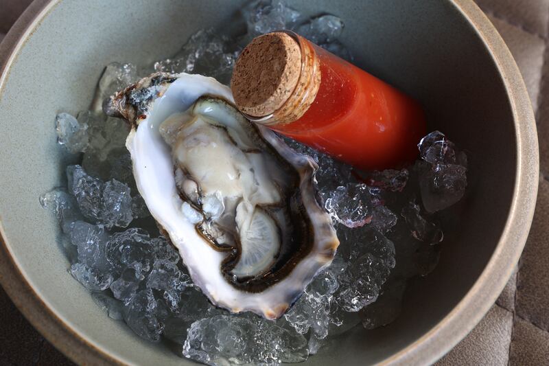 Carlingford oyster with Bloody Mary shot.  Photograph: Nick Bradshaw