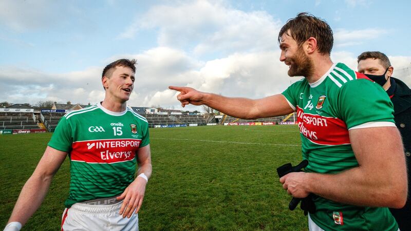 Cillian O’Connor and Aidan O’Shea afetr Mayo’s win over Galway. Photograph: James Crombie/Inpho