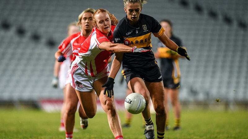 Maire O’Callaghan of Mourneabbey in action against Siobhán Divilly of Kilkerrin Clonberne during the All-Ireland Ladies Senior Club Championship Final at LIT Gaelic Grounds in Limerick. Photograph:  Eóin Noonan/Sportsfile